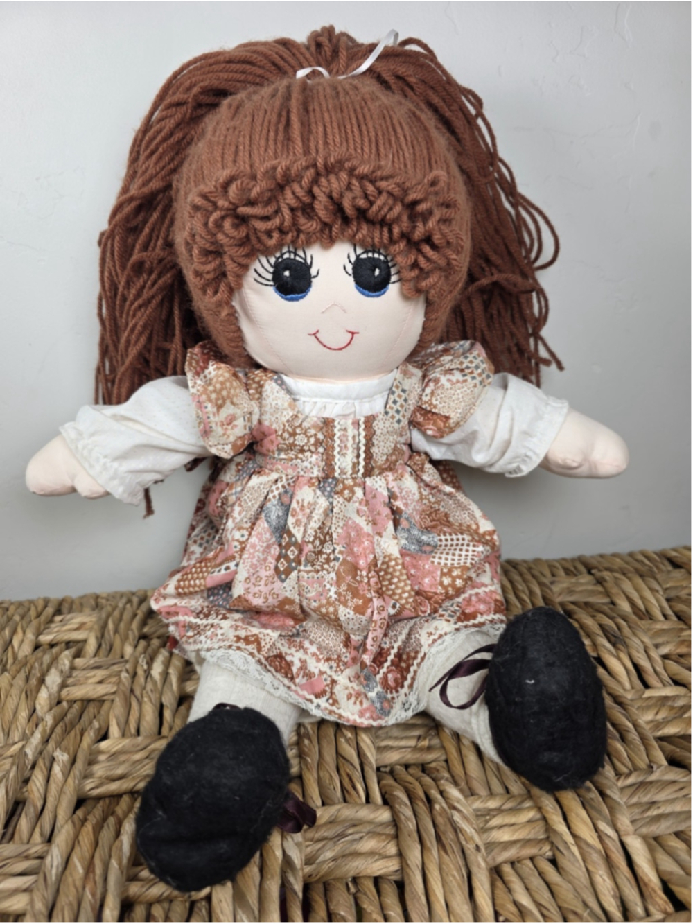 Vintage Handmade Cloth Rag Doll 20" Yarn Hair Prairie Patchwork Dress Folk Art